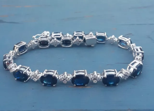 4Ct Oval Cut Natural Blue Sapphire & Diamond Tennis Bracelet Real 14K White Gold