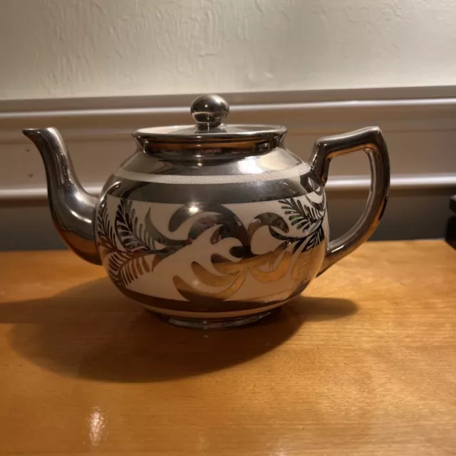 Vintage Quality Arthur Wood-England Silver-tone Lusterware Ceramic Teapot 5”