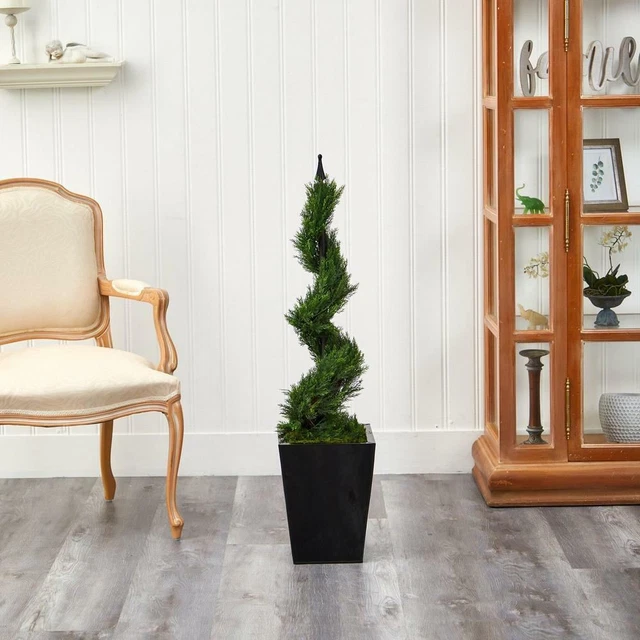 LuMulticolor Cypress Spiral Topiary Artificial Tree in Black Metal Planter - 44"