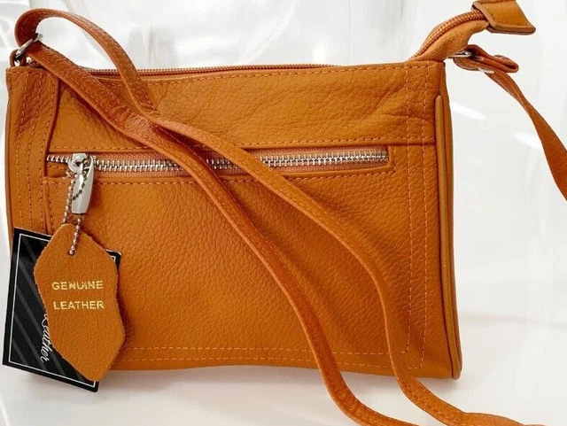 New Orange Leather Crossbody Messenger Bag Purse 3 Pockets, Adjustable Strap