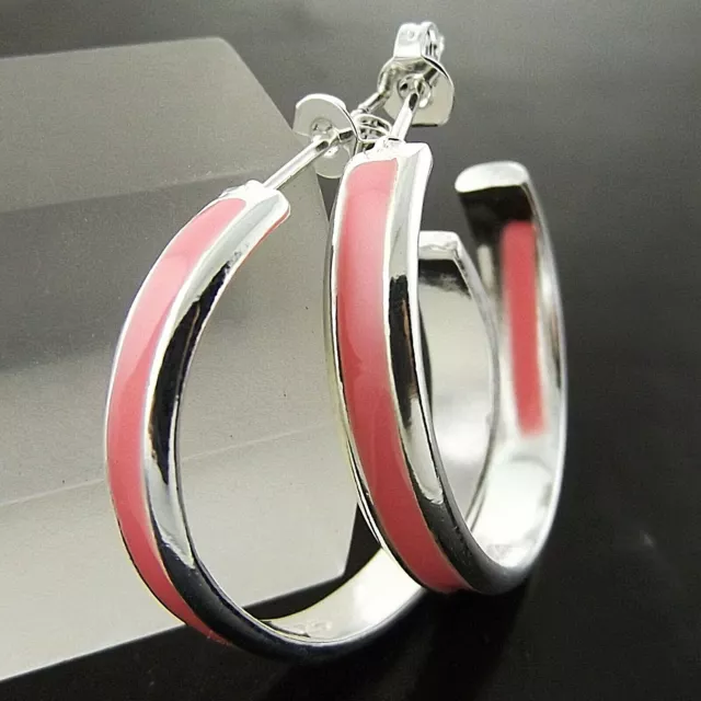 Hoop Earrings Real 925 Sterling Silver Filled Ladies Pink Enamel Stud Design