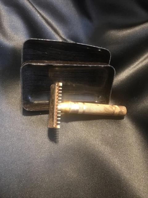 Vintage Gillette Gold Safety Razor Reissue Pat #17567 1930s.  with case