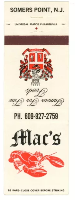 Mac's Restaurant & Lounge, Famous For Fine Foods In NJ Vintage Matchbook Cover