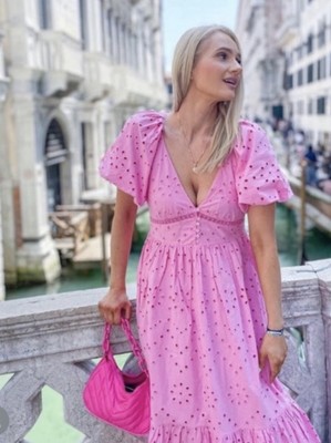 Zara New Woman Midi Dress With Cutwork Embroidery Pink S Ref. 0881/303