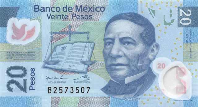 Mexico 20 Pesos 2017 P-122ae Serie AE Prefix B Polymer Banknote Unc