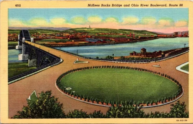 Postcard McKees Rocks Bridges & Ohio River Boulevard Route 88 1945