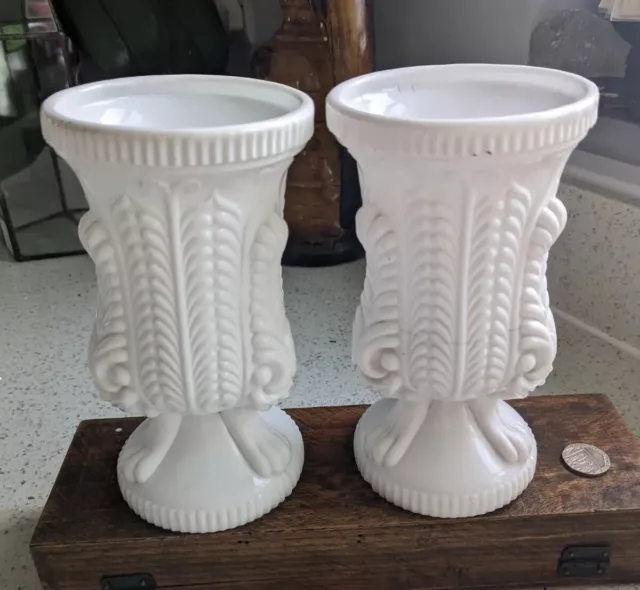 X2 AF Antique White Animal Foot / Paw & Acanthus Milk Glass Chalice Goblet Vase