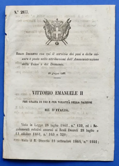 Regno d'Italia Regio Decreto pesi e misure attribuzioni Tasse e Demanio 1866