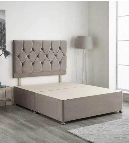 SMALL DOUBLE 4FT Divan Bed Frame, with Headboard, Grey Velvet, Brand