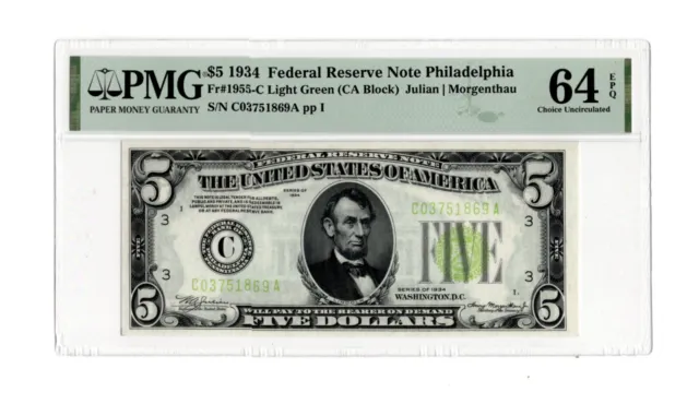 1934 $5 federal Reserve Note Philadelphia Fr. 1955-C Light Green - PMG 64 EPQ