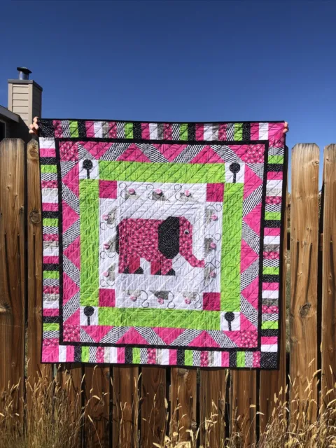 Pink/green/black Elephant Baby Quilt Wallhanging