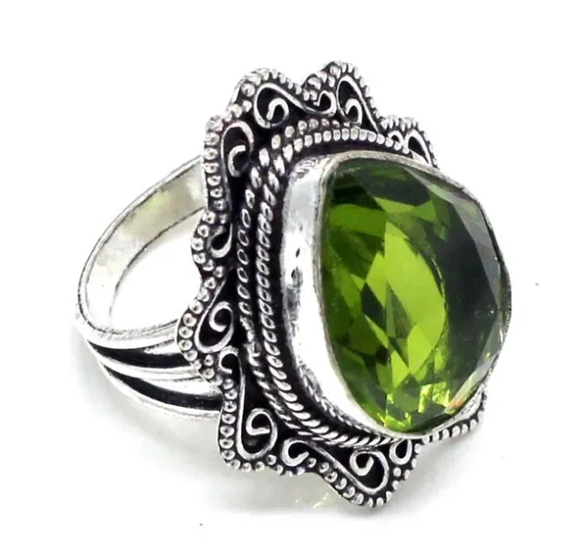 925 Sterling Silver Peridot Gemstone Handmade Jewelry Vintage Ring (US) S-z8.50"