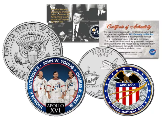 APOLLO 16 SPACE MISSION 2-Coin Set US Quarter & JFK Half Dollar NASA ASTRONAUTS