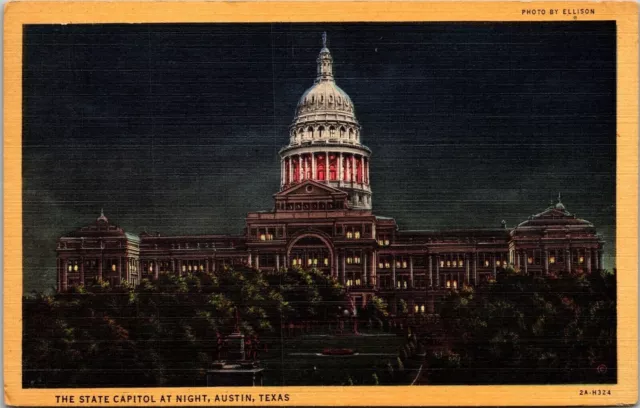 State Capitol Night View Austin Texas TX Linen Postcard PM Jarrell TX Cancel WOB