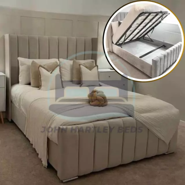 Winged Panel Bed Frame Velvet Upholstered Ottoman Gas Lift Storage Bed All Sizes