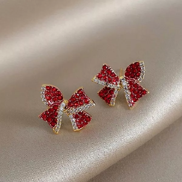 Fashion Red Bow Zircon Earrings Ear Stud Charm Women Wedding Party Jewelry Gift