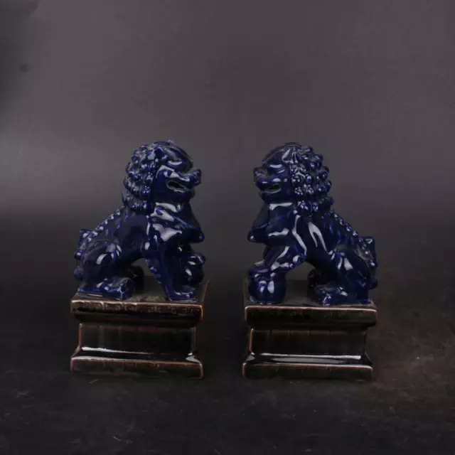 5.90" Chinese Qing Blue Glaze Porcelain Figurine Foo Fu Dog Guardion Lion Statue
