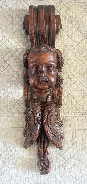 Vieille Figurine En Bois - Putto Avec Fruits (ange Chérubin) - Sculpté Et Doré - 45 Cm
