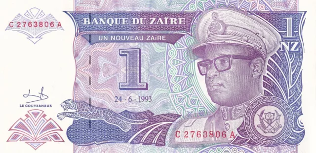 1 Nouveaux Zaires 1993 Zaire Banknote AUNC aus Bündel P-52