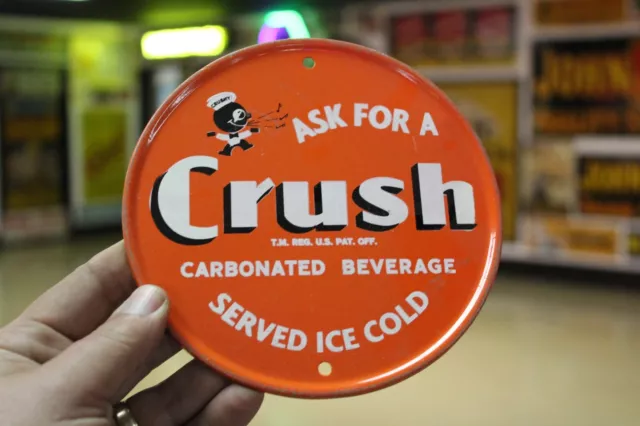 RARE 1940s DRINK ORANGE CRUSH SERVED ICE COLD STAMPED PAINTED METAL SIGN CRUSHY