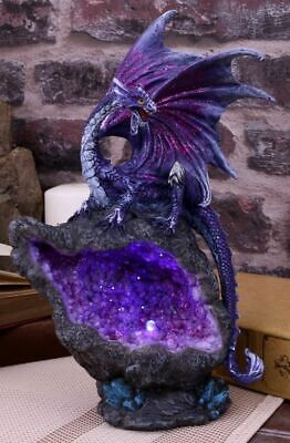 Dragon Amethyst Resin Geode Guardian Figurine Statue Ornament Led Light 22cm