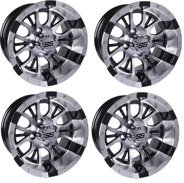 Golf Cart GTW 12x7 Machined Silver Black Diesel Wheels Set of 4 3:4 Offset 4