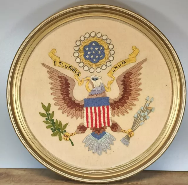 Vintage Embroidered United States Seal 13" Wide Framed American Bald Eagle