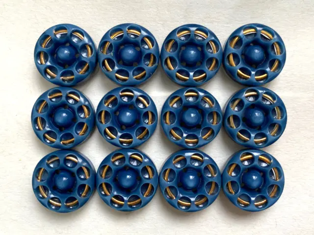 Lot de 12 boutons 13 mm - Plastique bleu cerclé de métal doré années 50