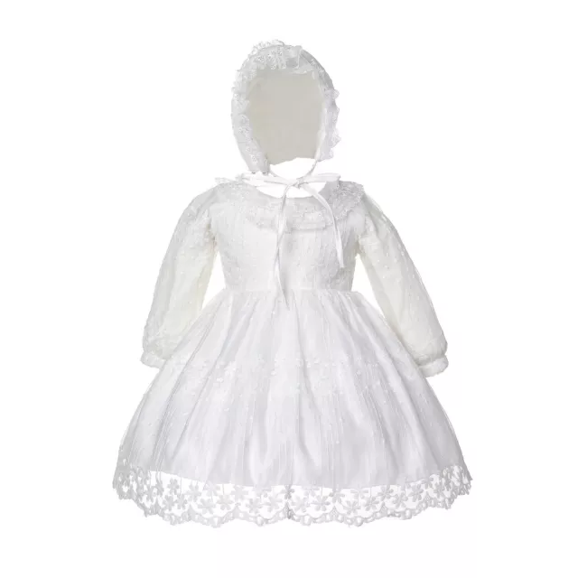Long Sleeve Ivory Lace Christening Party Dress and Bonnet 0 3 6 9 12 18 Months