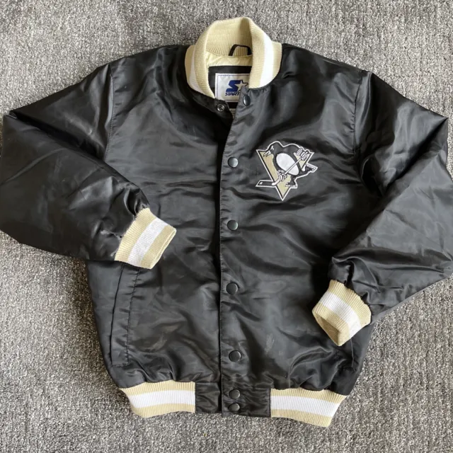 VTG Satin Pittsburgh Penguins Starter Jacket Youth Medium Coat Black NHL Rare