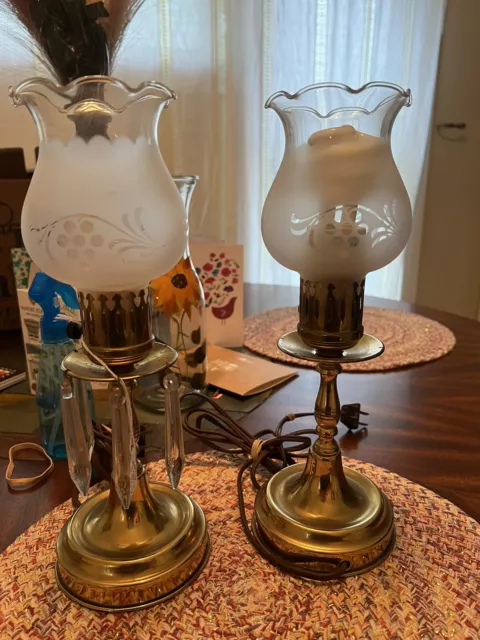 PAIR BRASS BOUDOIR LAMPS with Crystal Prisms FROSTED GLASS Mid-century, Working