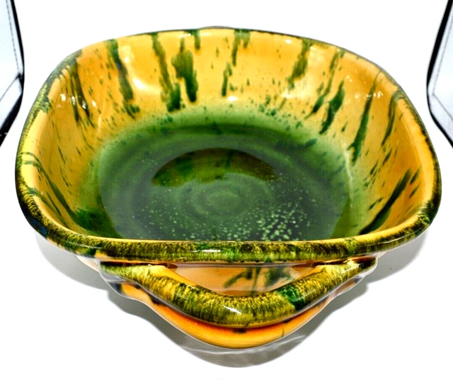 VINTAGE Majolica Art Pottery Italian Serving Bowl yellow green Drip Glaze Italy