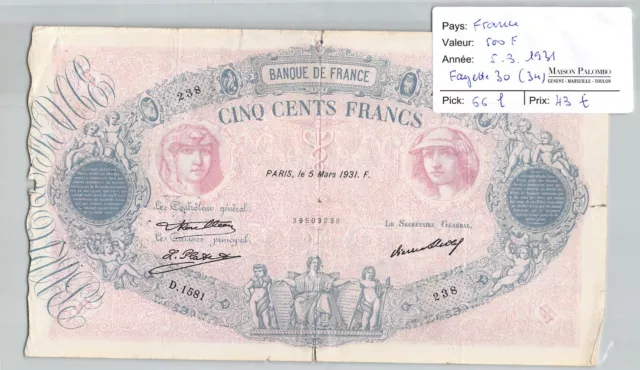 BILLET FRANCE - 500 Francs - 5/3/1931 - Fayette 30(34) Pick 66l - N°238