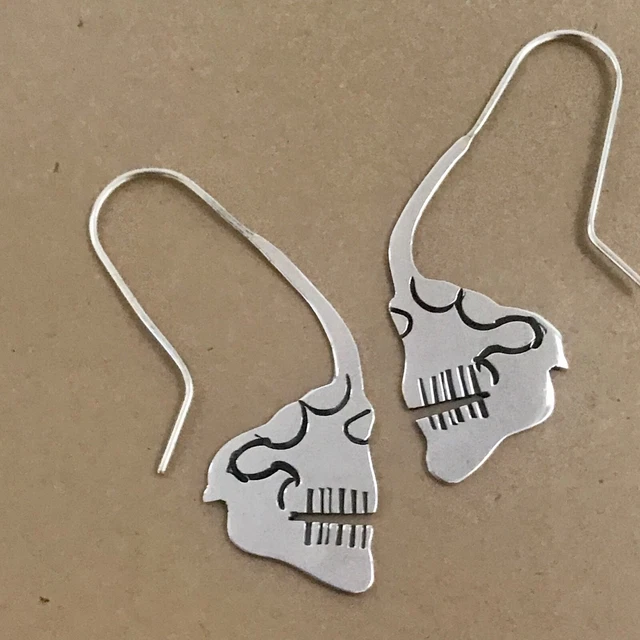 Skull Day of the Dead Mexican Taxco 925 Silver Artisan Shiny Threader Earrings