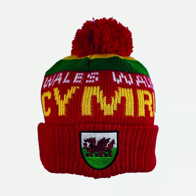 Manav Cymru Shield Bobble Beanie Wales Hat Rugby Football Welsh