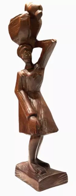 African Tribal Hand Carved Art Wooden Statue Woman Carrying Market Goods/Bird