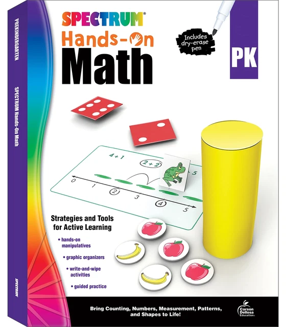 Spectrum Hands-On Preschool Math Workbook, Dry Erase Counting, Addition, Subtra.