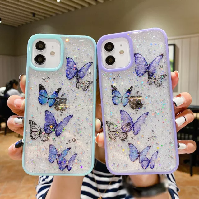 For iPhone 15 14 13 12 Pro Max 11 XR XS Glitter Butterfly Clear Soft Case Cover