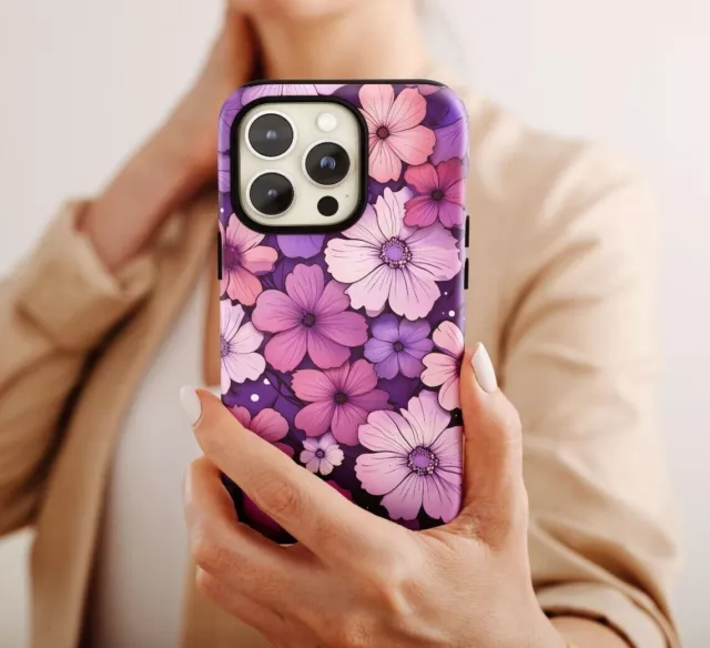 iPhone 15 Pro Max 14 13 12 11 XR XS Phone Case Cute Pink & Purple Flowers Cover
