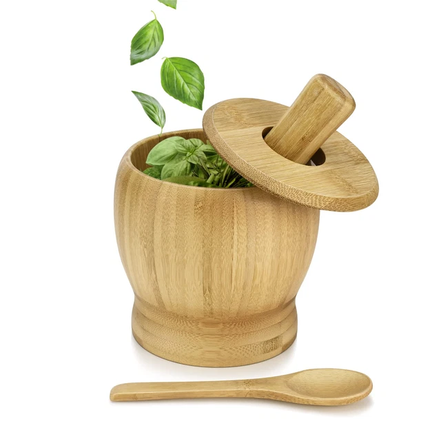 5-Inch Bamboo Mortar and Pestle Set - Wooden Bowl and Grinder | Wood Molcajete