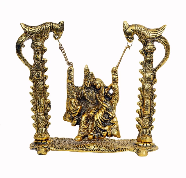 Hindu God Lord Krishna Radha Idol on Swing Jhula Sculpture Statue Figurine