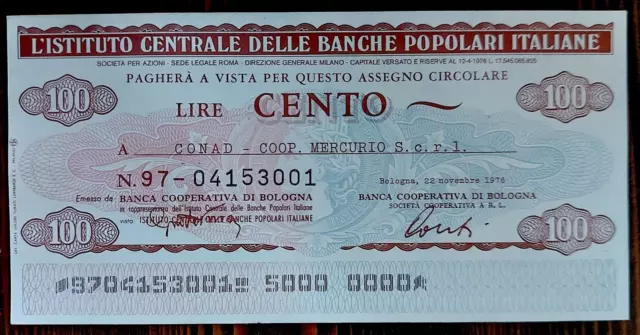 Miniassegno Istituto Centrale Delle Banche Popolari Italiane 100 Lire Cento Fds