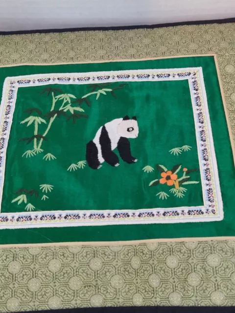 Vtg Chinese Panda Bamboo Silk Hand Embroidered Textile Lined Brocade 10"x9.5"