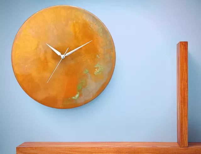 Modern Minimalist Handmade Metal Orange Patina Copper Wall Clock Mid Century Art