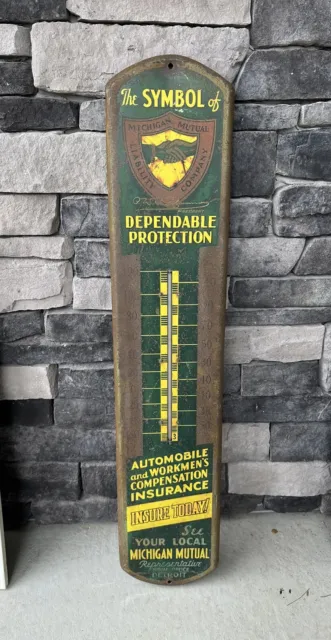 Vintage Michigan Mutual Insurance Detroit MI  Advertising Sign Thermometer 39”