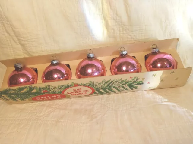 5 Vintage Shiny Brite Pink Christmas Ornaments In Original Box Sleeve