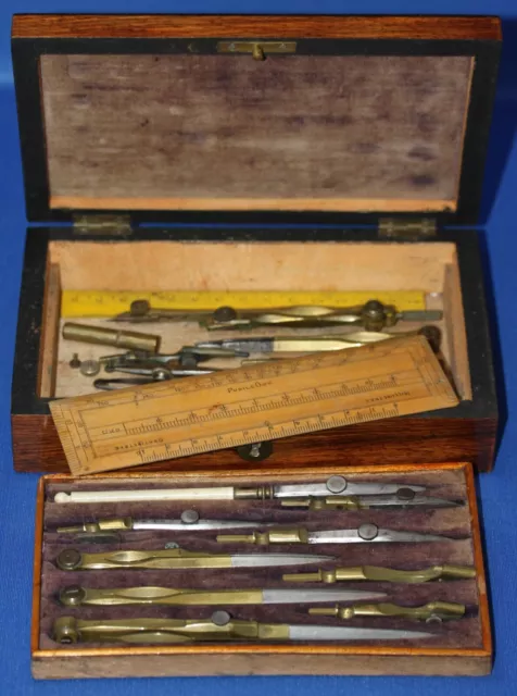 Antique Old Cased Drafting Tools Set Drawing Instruments with Wooden Box