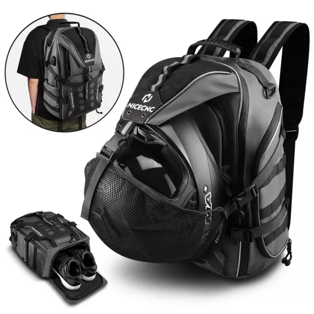 NICECNC Motorcycle Backpack Grey/Black 35L Motorbike Helmet Rucksack Waterproof