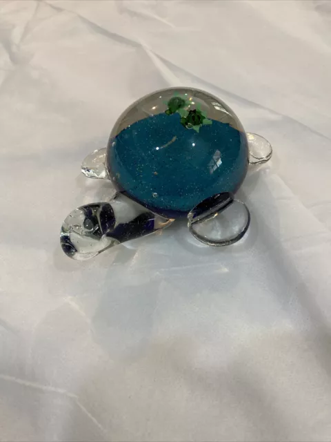 Hand Blown Art Glass Paperweight Blue Turquoise Sea Turtle with babies on back