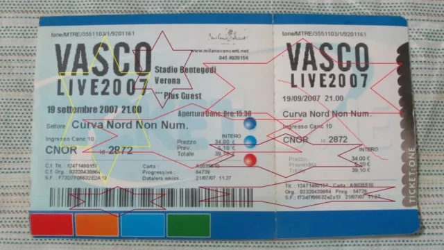 Biglietto Orig. Del Concerto Di Vasco Rossi Verona  19-9-2007